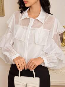 Modelyn Women's Turndown Collar Single-Breasted Ruffle Hem Fashionable Versatile Commuting Long Sleeve Shirt - White - View 7