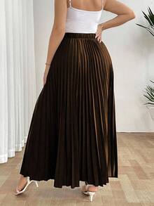SHEIN CURVE+ Chân váy phồng thanh lịch dành cho nữ cỡ lớn, thiết kế eo chun, phù hợp mặc hàng ngày và đi nghỉ mát, màu đen. - màu nâu - Xem 2