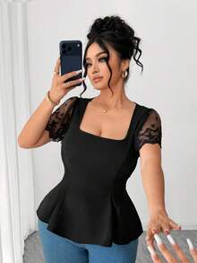 Elenzga Spring New Arrival Square Collar Lace Ruffle Sleeve Hollow Back Bow Design Plus Size Women Blouse, Fashionable For Outing, Holiday Date, Daily Wear, Classic Versatile, Commuting - Black - View 6