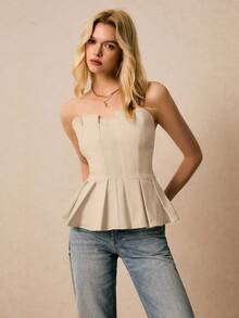 Poéselle 女士纯色简约休闲抹胸上衣 - 杏色 - 查看 5