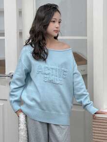 DAZY Tween Girl Solid Color Drop Shoulder Long Sleeve Loose Casual Minimalist Knit Pullover Sweater Spring - Baby Blue - View 1