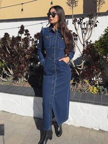 Andrea Bello 纽扣斜插袋牛仔连衣裙