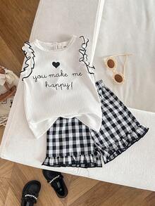 SHEIN Playful Pals 两件套女婴圆领无袖背心，印有英文字母，搭配格子短裤，休闲可爱复古套装，适合夏季日常外出或旅行。 - 黑與白 - 查看 1