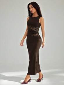 SHEIN PETITE 女士黑色优雅蕾丝拼接真挚长裙，优雅女装，派对女装，新年女装，黑色女装，新年女装，新年派对礼服 - 棕色 - 查看 6