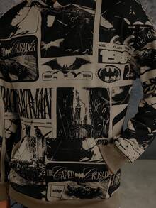 BATMAN X SHEIN 85th Unisex Casual Loose Knit Vintage Poster Print Hooded Sweatshirt, Autumn/Winter - Coffee Brown - View 7