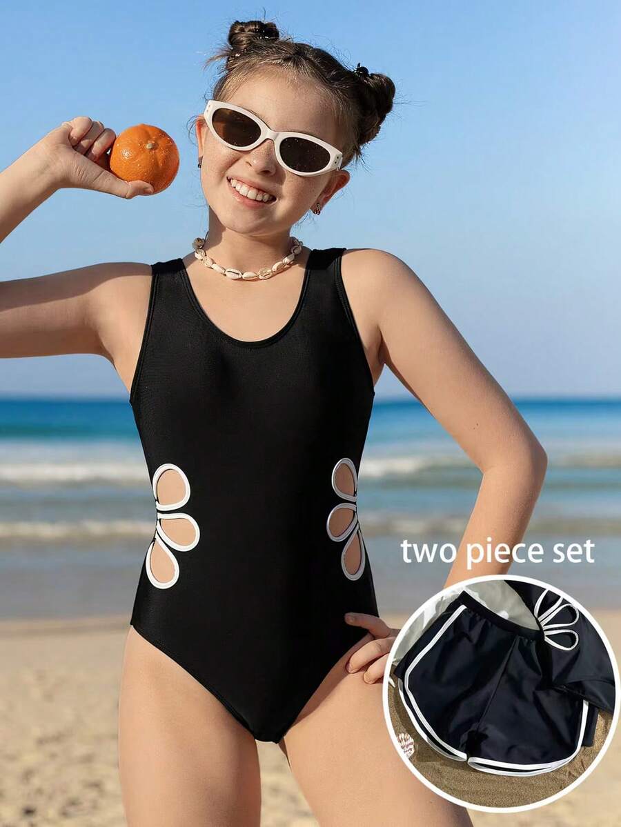 SHEIN 少女连体泳衣，黑色，易穿脱，镂空花卉设计，带短裤，时尚优雅，适合游泳、度假和夏季穿着 - 黑色 - 查看 1