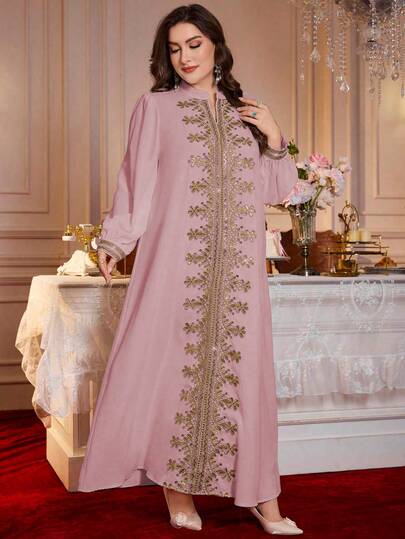 Al Najma Đầm dài kiểu Ả Rập thanh lịch dành cho nữ cỡ lớn, cổ chữ V, phối ren và tay phồng.