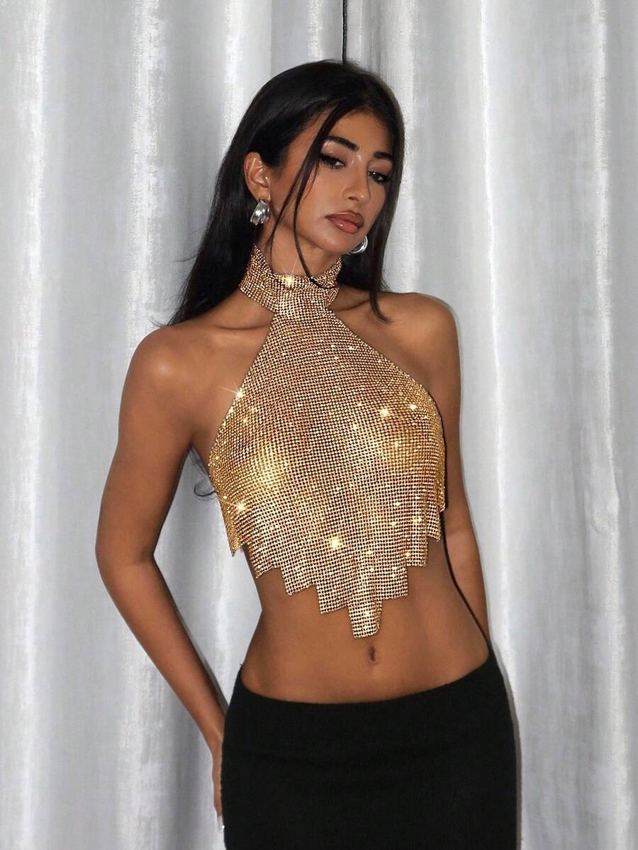EgrlEra Metal Mesh Rhinestone Asymmetric Hem Backless Halter Top - Gold - View 1