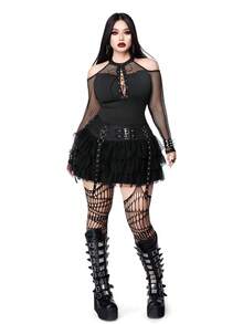 Whyspr 女士加大码黑色哥特朋克渔网系带露肩T恤，常规长度，万圣节上衣，哥特风上衣，黑色锐舞上衣 - 黑色 - 查看 4