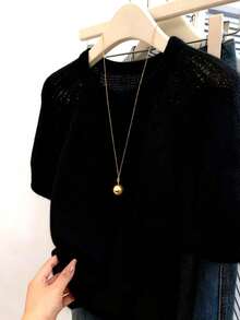 SHEIN Áo thun nữ cỡ lớn tay ngắn đơn giản, màu trơn, kiểu dáng phồng, thích hợp mặc đi làm hàng ngày. - màu đen - Xem 3