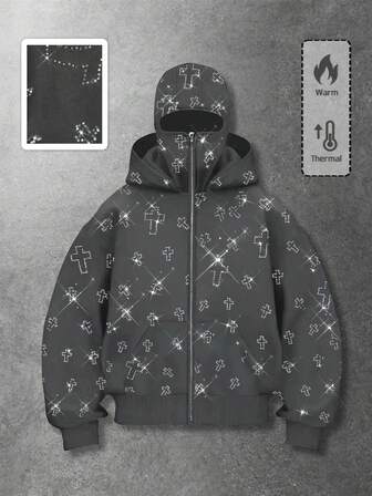 Street Life بلوزة هودي مزينة بالراين ستون مع جيوب، بلوزة هودي أمامية مزودة بسحاب للرجال