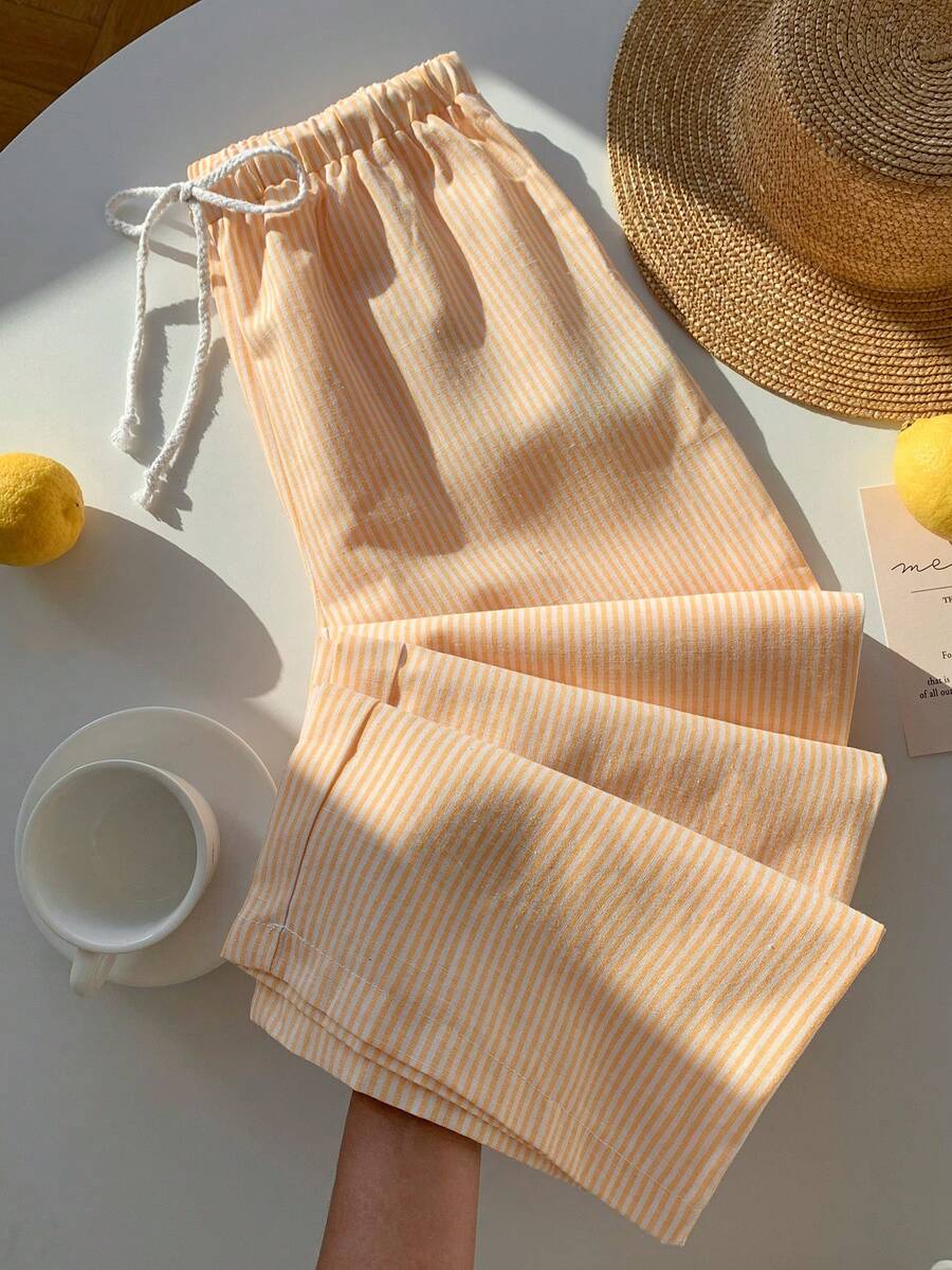 SHEIN EZwear 女士条纹亚麻低腰裤，简约时尚，适合夏季 - 黃色 - 查看 1