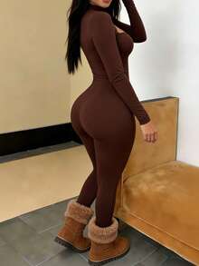 Zyxie 时尚性感纯色镂空连体衣 - 咖啡棕 - 查看 2