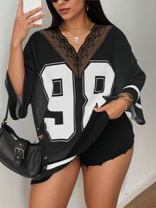 Maweii Plus Size Sporty Lace Patchwork Contrast Color T-Shirt - Black - View 1