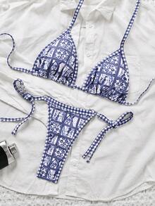 Swim Mod 2pcs Printed Halter Tie-Up Thong Bikini Set, Fashionable & Sexy Swimwear - Multicolor - View 7