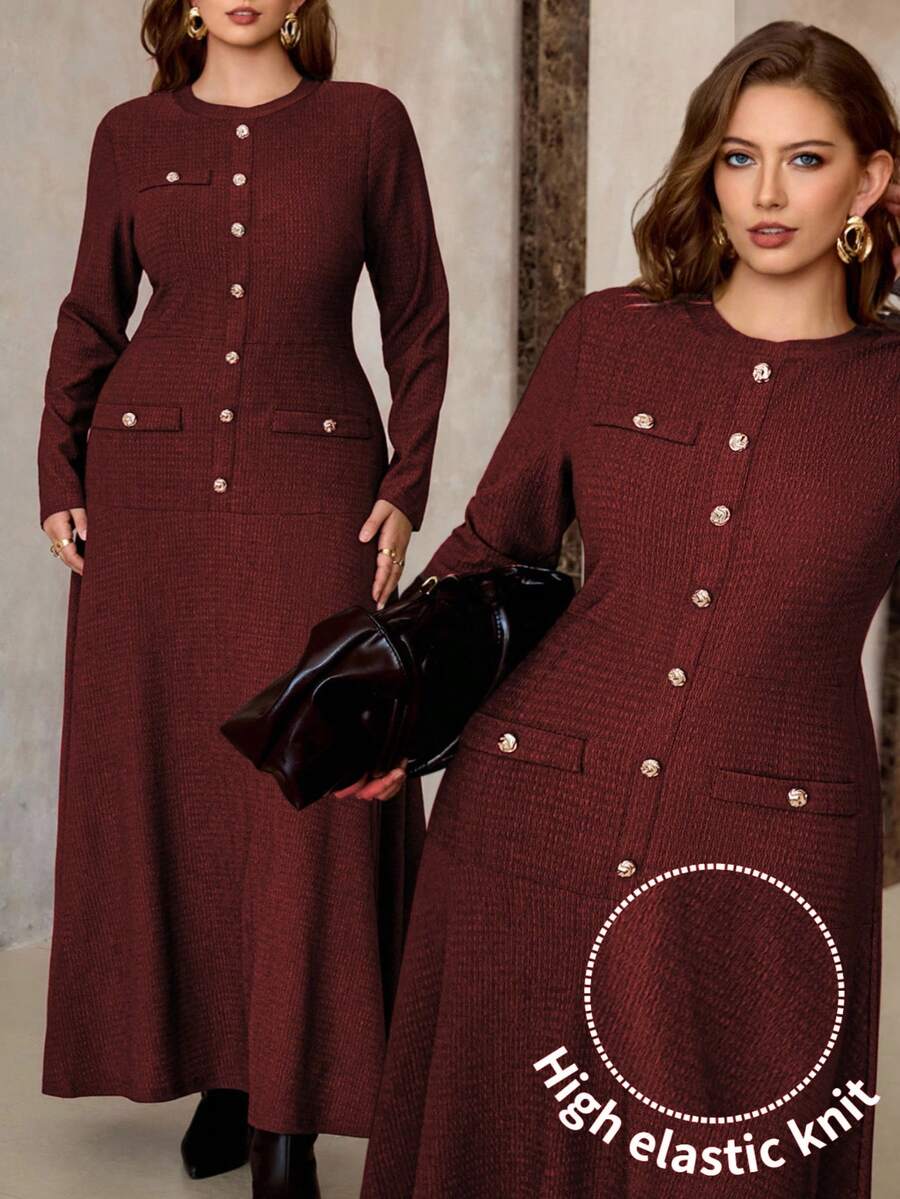 Roveilla 大码女式纹理面料弹力圆领前金属纽扣腰部A字长袖连衣裙 女式西式连衣裙 纽扣连衣裙 适合教堂穿着的连衣裙 大码女式西式长袖优雅连衣裙 - 酒紅色 - 查看 1