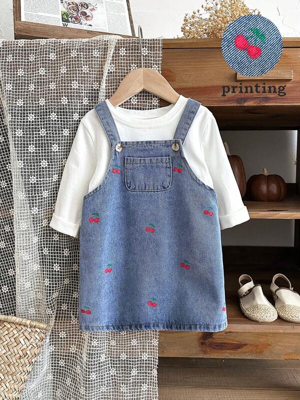 LMoss Kids 女婴樱桃图案蓝色休闲无袖牛仔背带裙