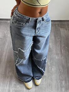 StreetHx Fashionable Casual Streetwear Patch Embroidered Star Low-Waist Distressed Jeans - Medium Wash - View 7