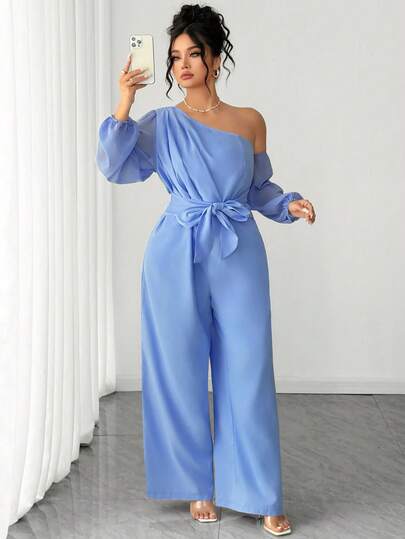 SHEIN Elenzya Plus Size Elegant Jumpsuit, Waist Cinched Design, Oblique Shoulder, Flattering, Versatile & Comfortable For Vacation, Wedding, Party, Casual Wear One Shoulder Jumpsuit Long Sleeve Jumpsuit Women's Jumpsuits Blue Jumpsuit For Women Elegant Jumpsuits Long Sleeve Jumpsuits Womens Jumpsuits