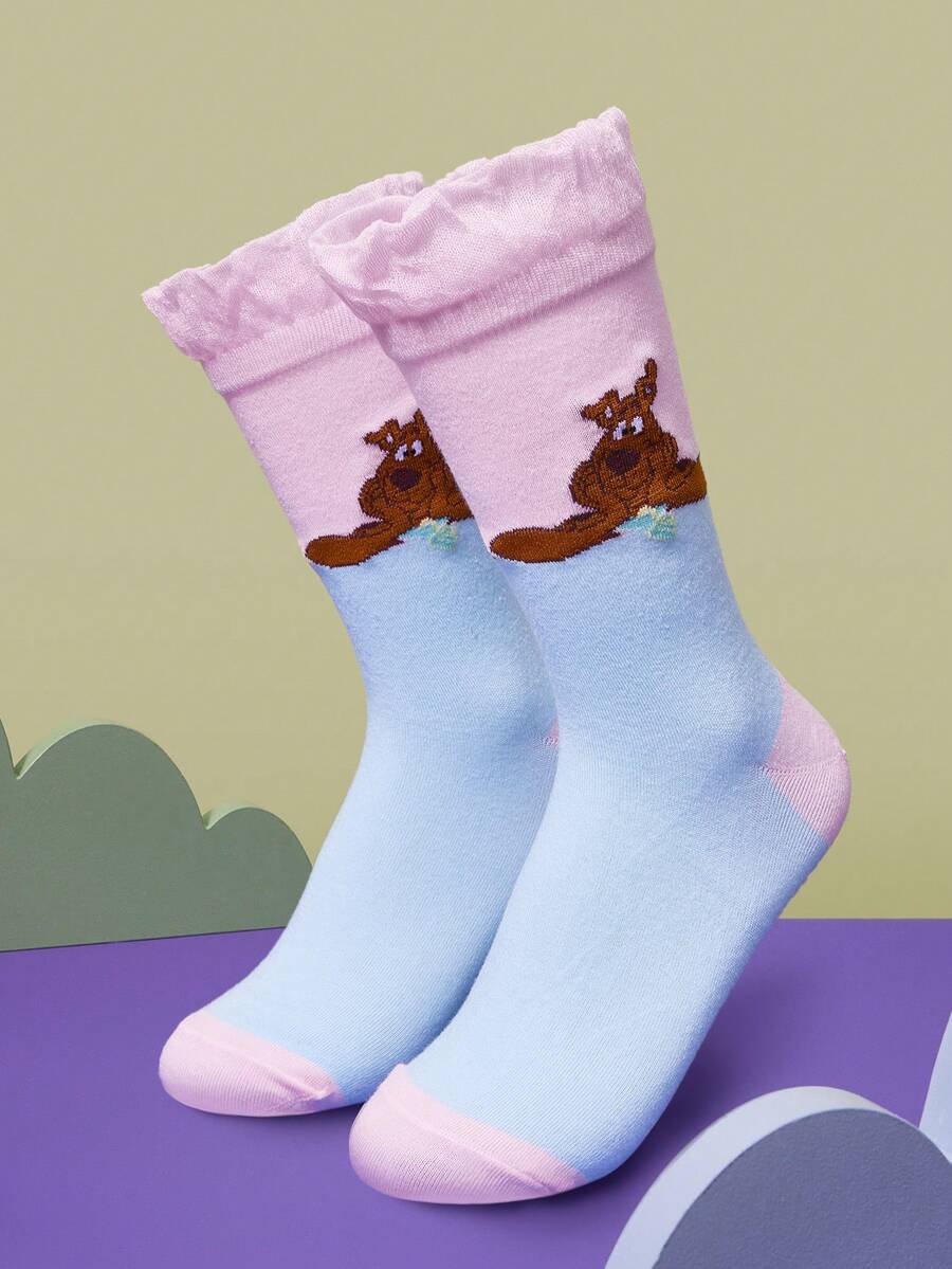 SCOOBY-DOO X SHEIN 1 Đôi tất dài đến bắp chân in hình chú chó hoạt hình màu hồng và xanh tương phản dành cho nữ - Nhiều màu - Xem 1