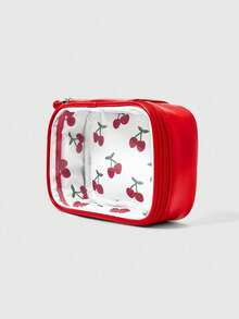 ROMWE Kawaii Satin Fabric Embroidered Bow Embroidery Cute Makeup Bag - Cherry red - View 6