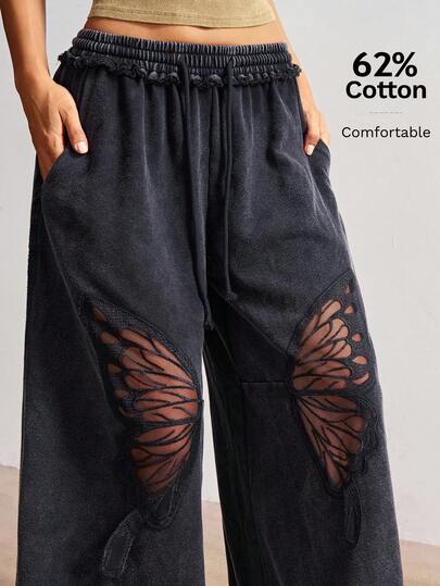 Bohemela Boho Autumn/Winter Vintage Casual Women's Casual Vintage Solid Color Washed Black Knit Loose Bohemian Wide Leg Butterfly Cutout Detail Pants, Western Country Style Concert Vacation, Suitable For Vacation & Daily Wear & Back To School & Going Out, Halloween