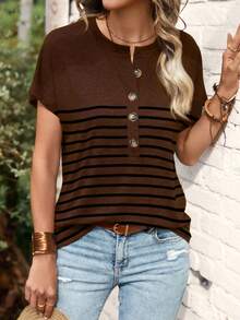 EMERY ROSE New Fashion Women Striped Print Short Sleeve V-Neck Casual T-Shirt - Coffee Brown - View 3
