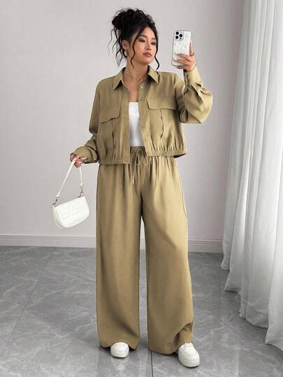 Elenzga Plus Size Women's French Romantic Sicily Elegant Casual Commute Vacation Solid Brown Shirt Collar Hidden Placket Elastic Hem Long Sleeve Shirt + Elastic Waist Cargo Pants Suit, Spring/Autumn/Winter Pant Suit Summer Sets Linen Two Piece Set 2 Piece Casual Sets Woman Comfortable Two Piece Set