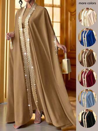 Elenzga 大码女士大码薄夹克和极简主义连衣裙两件套，带金色花卉饰边，六月上市