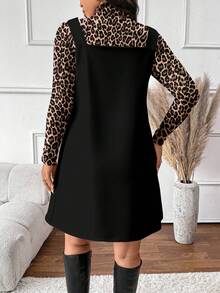 SHEIN Frenchy Bộ 2 món áo dài tay họa tiết da báo và váy yếm cỡ lớn cho nữ - màu đen - Xem 3