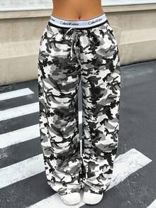 Muchica Plus Size Women's Summer Camouflage Print Waist Tie Straight Leg Pocket Pants,Fall,Streetwear,Y2K,2000s Style,Western,Country Concert,Vintage,Grunge