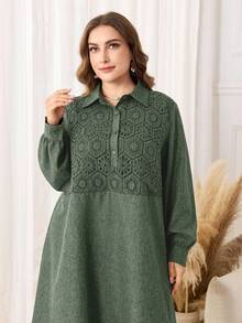 Lacomfia Maxikleid im Arabischen Stil mit langen Ärmeln und einfarbigem Design, Große Größen - Grün - Übersicht 1