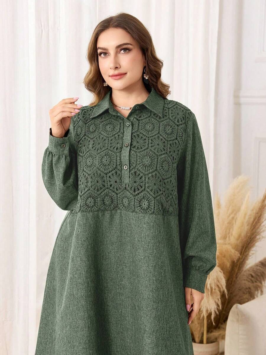 Lacomfia Maxikleid im Arabischen Stil mit langen Ärmeln und einfarbigem Design, Große Größen - Grün - Übersicht 1