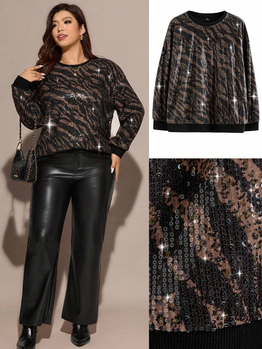 SHEIN LUNE ملابس علوية رياضية فضفاضة مطبوعة بنمر للنساء ذوات الحجم الكبير، مزينة بترتر، طبعة نمر، طبعة فهد، طبعة حيوانات، مناسبة للربيع - الأسود - مشاهدة 1