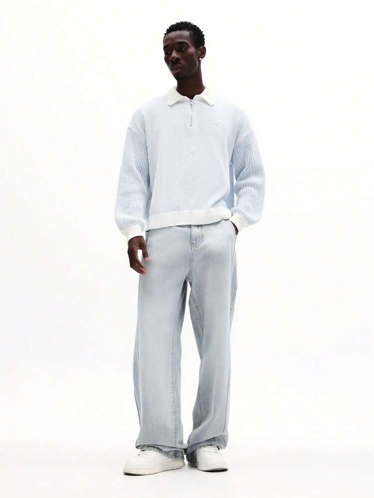 Quarter Zip Textured Knitted Polo Jumper