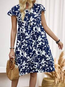 Miaspire Women's White Base With Blue Floral Print Dress With Ruffled Hemline For Spring - Blue and White - View 3