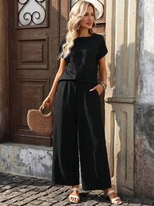 EMERY ROSE 两件套女士休闲纯色短袖上衣和长裤套装 - 綠色 - 查看 8