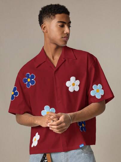 SWAVVY Men's Floral Print Front Button Short Sleeve Casual Shirt, Summer Blk And White Hawiian Shirts Mens Floral Button Up,Vacation Men S Flower Shirt Mens Floral Shirt Embroidered Flower Shirt Red Flower Shirt Flower Shirts Hibiscus Shirt Japanese Shirts Men S Cherry Shirt