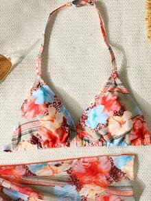 SHEIN 3pcs/Set Vacation Printed Halter Tie Wrap Skirt Beach Outfit - Multicolor - View 6