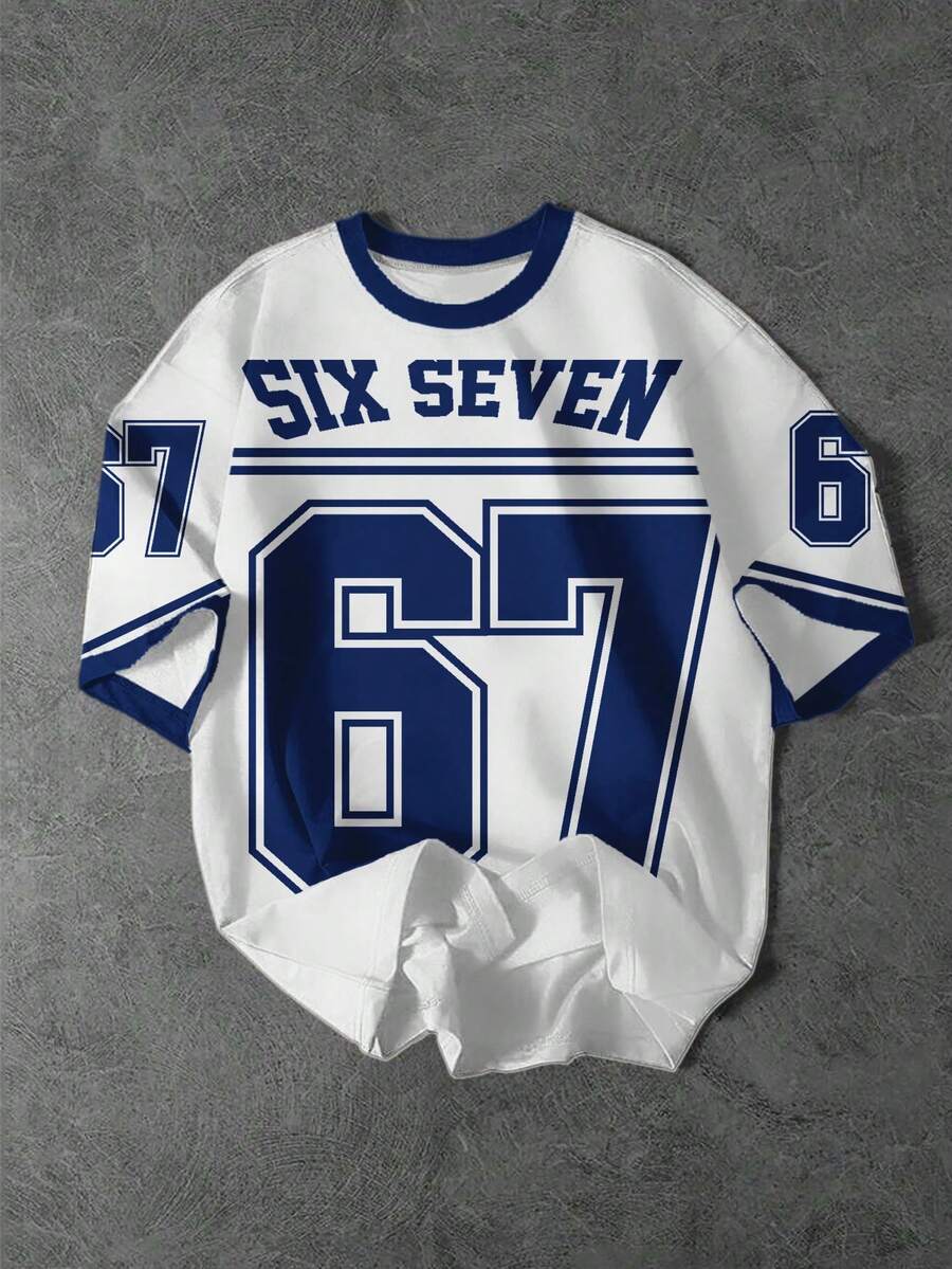 SHEIN 青少年男童休闲简约短袖圆领T恤，适合夏季穿着，经典酷炫嘻哈俚语“六”、“七”、“#67”数字印花，运动嘻哈风格图案。 - 彩色 - 查看 1