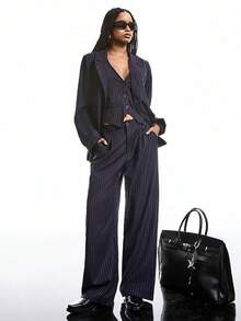 LYSMO Women's Casual Commuter Striped Blazer Vest And Pants Suit Set In Fall/Winter - Navy Blue - View 8