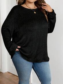 SHEIN CURVE+ 大码户外上衣，大码休闲圆领落肩宽松长袖T恤，秋季大码服装 - 黑色 - 查看 8