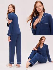 LUVLETTE Soft 100% Pure Cotton Contrast Trim Basic Button-Up Top & Pants Loungewear Pajama Set Pyjama - Navy Blue - View 2
