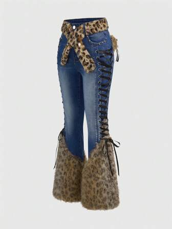 Goth Jeans de mezclilla con estampado de leopardo de piel sintética de colores claros en estilo vintage y retro