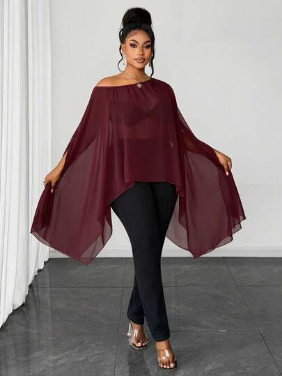 Maweii Plus Size Women's Summer Solid Semi-Sheer Asymmetric Hem Long Sleeve Blouse, Burgundy, Elegant, Fashionable, Casual, Commute, Business Office, Daily Casual, Versatile Chic Sexy Date Outfit, Women's Holiday Outfit, Sexy Women's Clothing, Urban Teacher Professional Attire, Sexy Date, Women's Holiday Outfit, Sexy Women's Clothing, Party Dress