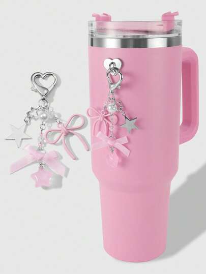 ROMWE Kawaii 1pc Elegant & Cute Versatile Minimalist High-Quality Silver Star Chain White Faux Pearl Faux Crystal Pink Hollow Ribbon Bow Resin Star Pendant DIY Keychain, Bag Charm, Water Bottle Hanger, Phone Charm, Comes With Phone Grip & Heart-Shaped Accessories, Suitable For Women, Daily Wear, Holiday Gift