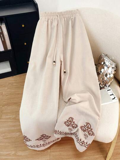 Franclia Plus Size Women Embroidered & Printed Casual Linen-Like Pants, Comfortable And Relaxed Fit