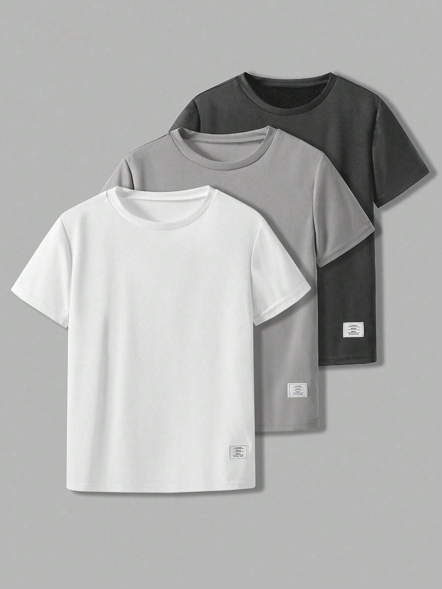 SHEIN Vacaura 3pcs/Set Boys' Crew Neck Short Sleeve T-Shirts With Graphic Decor, Spring/Summer T Shirt Set Basic Tees Boys T Shirts Pack Solid Color Tops Kids - Light Grey - View 1
