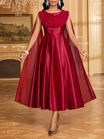 SHEIN Lady Women's Solid Color Poncho Design Pleated Elegant Mid-Length Dress Red Elegant Dress Red Satin Dress Burgundy Bridesmaid Dress