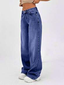 SHEIN Quần jean ống rộng cạp thấp 100% cotton kiểu dáng cổ điển Y2K, dáng rộng - Màu xanh bụi bặm - Xem 5